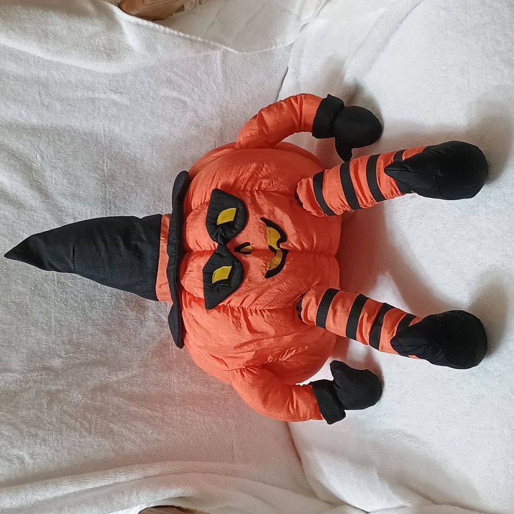 Orange pumpkin man stuffed nylon vintage stripes witch International Silver Co